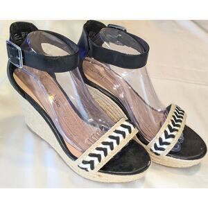 Christian Siriano Espadrille Wedge Sandal Black White Chevron Sz 9.5 Ankle Strap